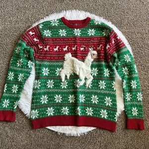 33Degrees Llama Christmas Sweater Womens Size Large Red Green Snowflakes Holiday